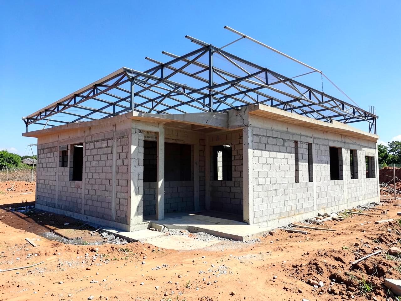 Casa em construção com estrutura de telhado metálica