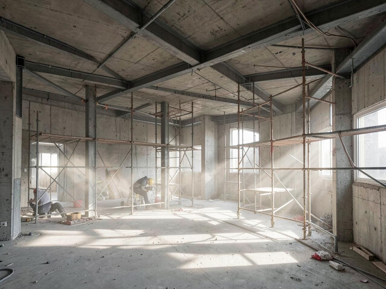 Reforma estrutural com andaimes e laje de concreto